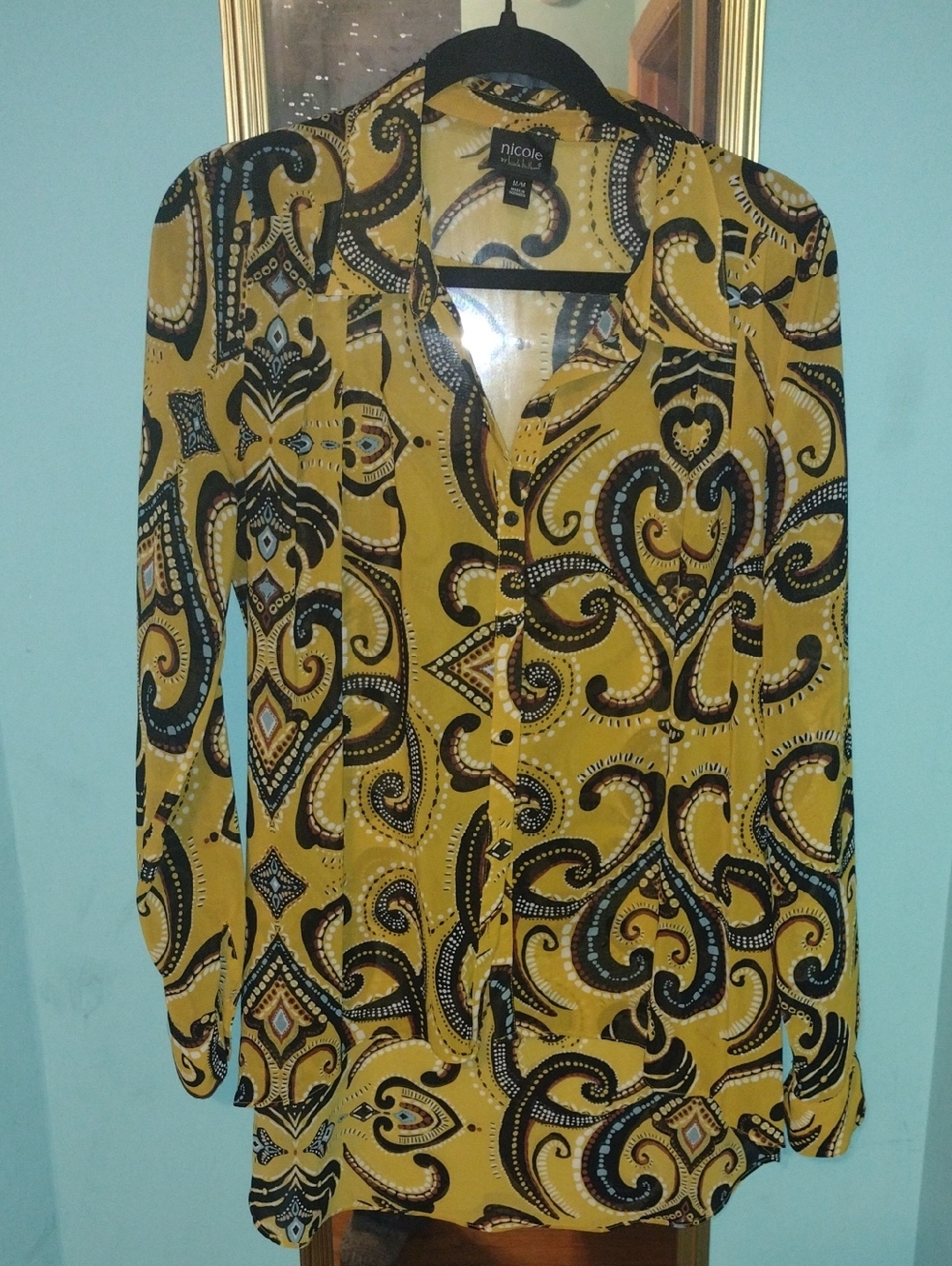 Nicole Miller Yellow Paisley-Print Button Blouse